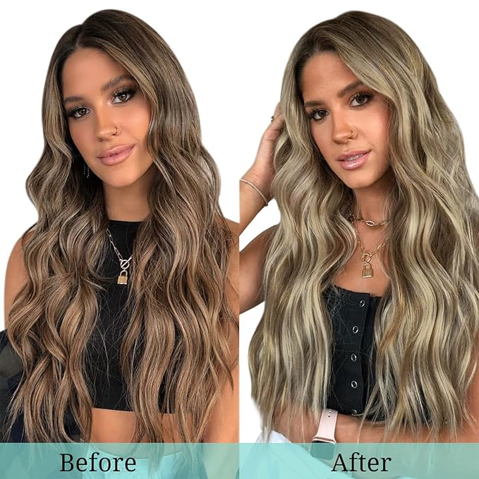 DOORES Hair Extensions Clip in Human Hair Medium Brown Highlighted Golden Blonde 120g 7pcs 18 Inch Remy Clip in Human Hair Extensions Natural Human Hair Extensions