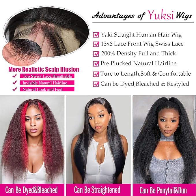 Yuksi Yaki Straight Human Hair Wig 13x6 Lace Front Wigs Human Hair Pre Plucked With Baby Hair 200% Density Kinky Straight Glueless Wigs Human Hair Pre Plucked (13x6 Yaki Straight Wig, 28 Inch)