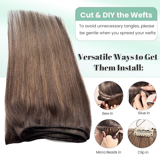 24 Inch 120G Double Weft Hair Extensions Balayage Light Brown Ombre Human Hair Wefts Silky Straight Dark Brown Highlight Sew in Hair Extensions Real Human Hair Weave Bundles