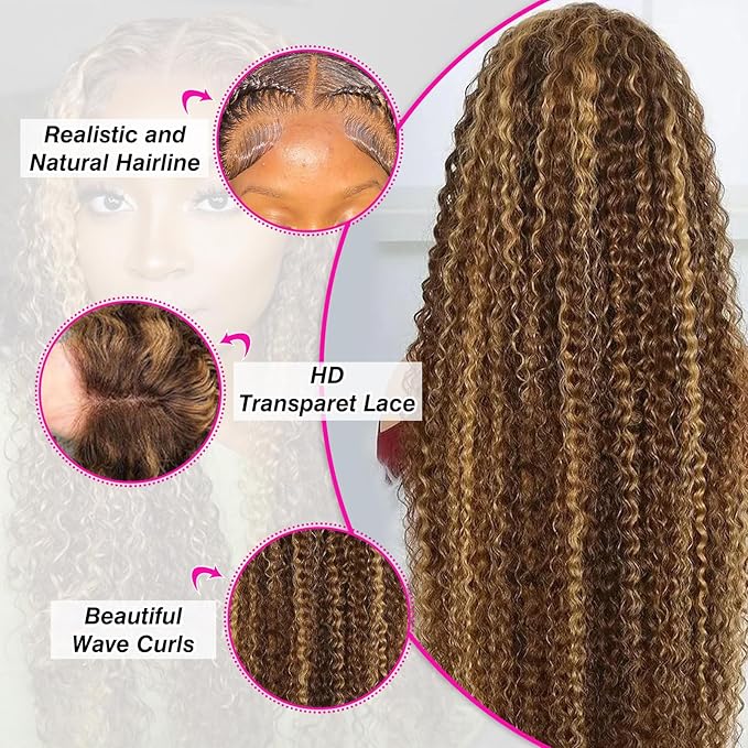 200% Density Highlight Ombre Deep Wave Lace Front Wigs Human Hair 4/27 Colored Honey Blonde Human Hair Wig 13x6 HD Lace Front Wig Pre Plucked 22 Inch