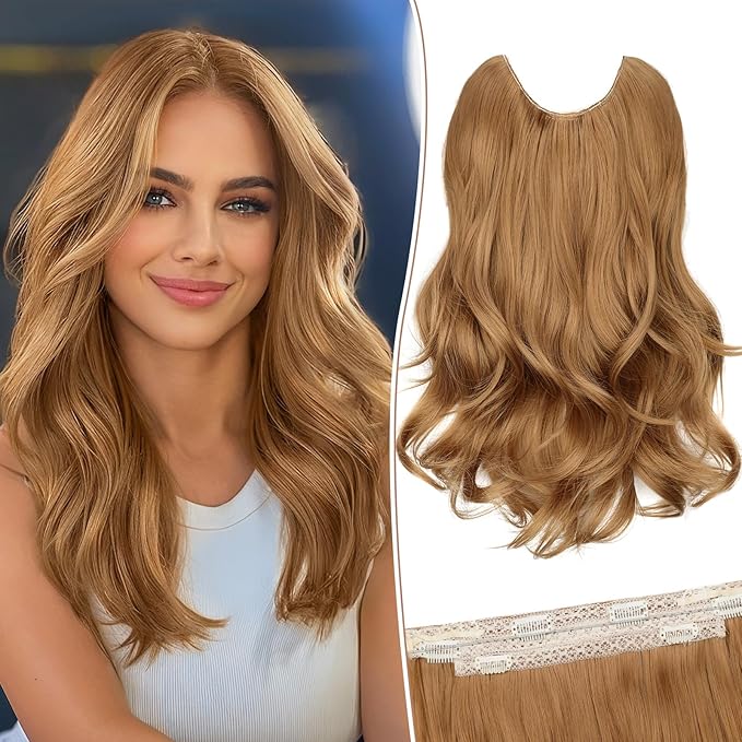 KooKaStyle Invisible Wire Hair Extensions Long Wavy Layered Synthetic Hair Extensions with Transparent Wire Adjustable Size 6 Secure Clips Strawberry Blonde Hairpieces for Women 16 Inch