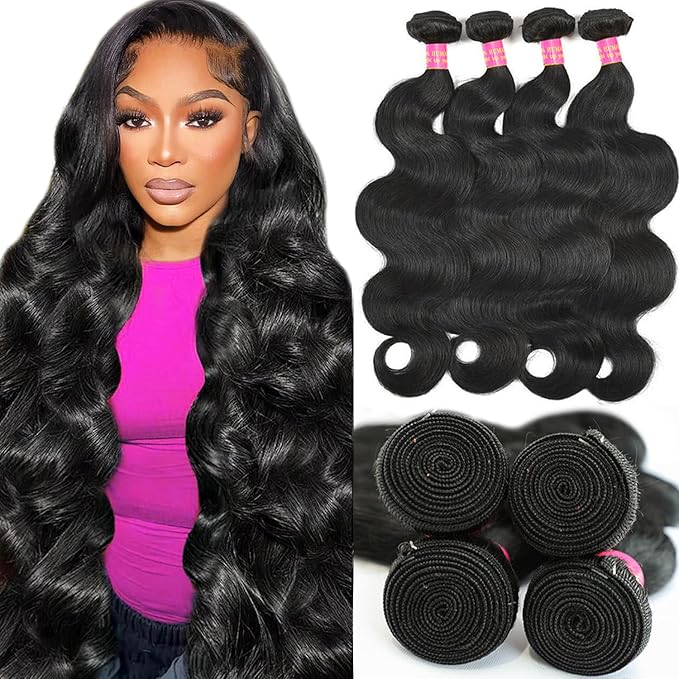12A Human Hair Bundles 22 24 26 28 Inch Body Wave Bundles Human Hair 100% Unprocessed Brazilian Virgin Hair 4 Bundles,No Tangle Shedding,Keep Texture Silky Soft After Multiple Washes
