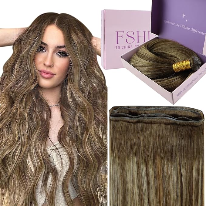 Fshine Hand Tied Genius Weft Hair Extensions Human Hair Balayage Medium Brown Mixed Blonde Remy Hair Soft and Light Weight Straight Hair Specially for Your Fashionable Hairstyle 14 Inch 50 Gram