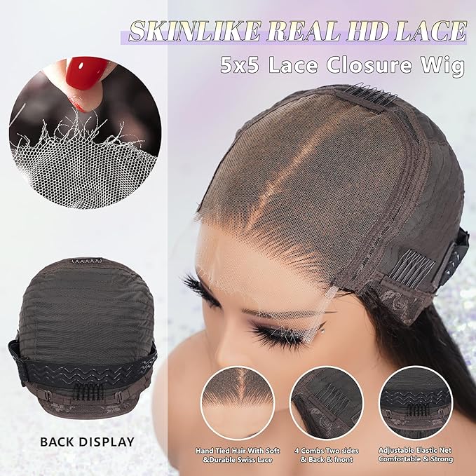 NESMON 5x5 Real SKINLIKE HD Lace Closure Wig, Straight 200% Density Wig 0.10mm Ultra-thin Swiss Lace Pre-plucked Bleached Small Knots Natural Black Human Hair Wigs for Women 22 Inch