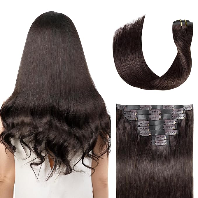 Clip in Hair Extensions Real Human Hair Dark Brown Seamless Clip In 100% Remy Hair Extensions PU Skin Weft Add Volume Thick&Invisible #2 16Inch 120G 8PCS
