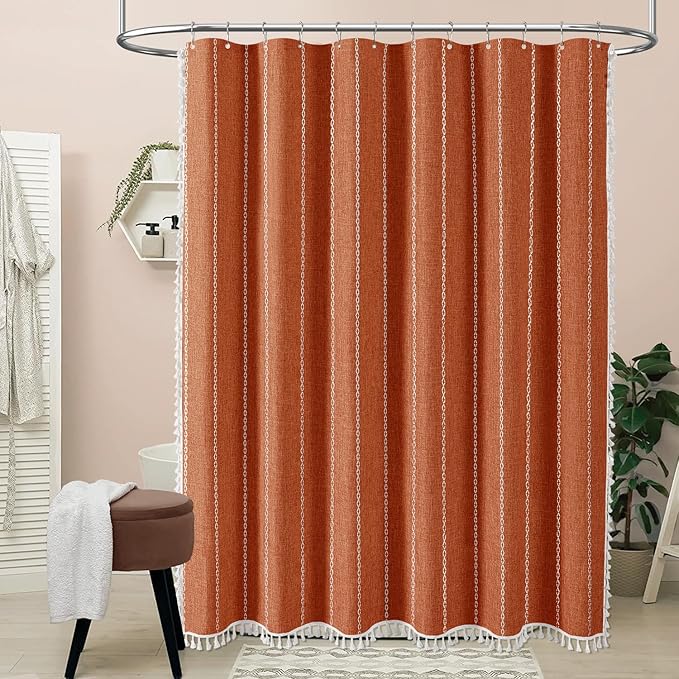 BTTN Stall Fabric Shower Curtain - 54x78 Boho Striped Linen Heavy Duty Tassel Shower Curtain Set with 10 Hook, Narrow Rustic Modern Farmhouse Bohemian Thick Shower Curtains for Bathroom - Burnt Orange