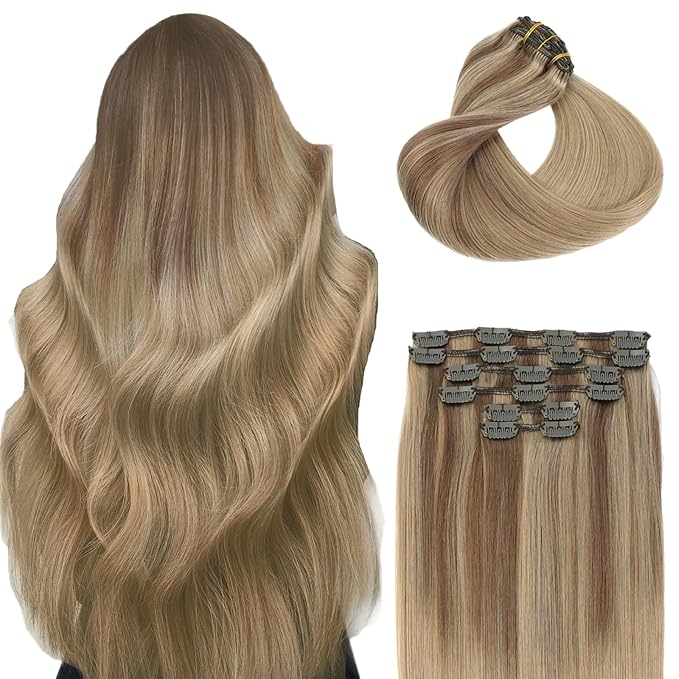 Clip in Hair Extensions Real Human Hair,Balayage Ash Brown To Caramel Blonde,Hair Extensions Clip In 6pcs Per Set With 18 Clips 14 Inch 100grams,(#10/27/27,14")