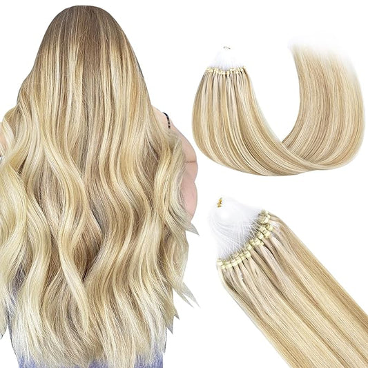 GOO GOO Micro Link Tip Hair Extensions, Real Human Hair, 16inch 50g 50S, Cold Fusion, Invisible Remy, 18A/613A Dark Blonde Highlighted Bleach Blonde