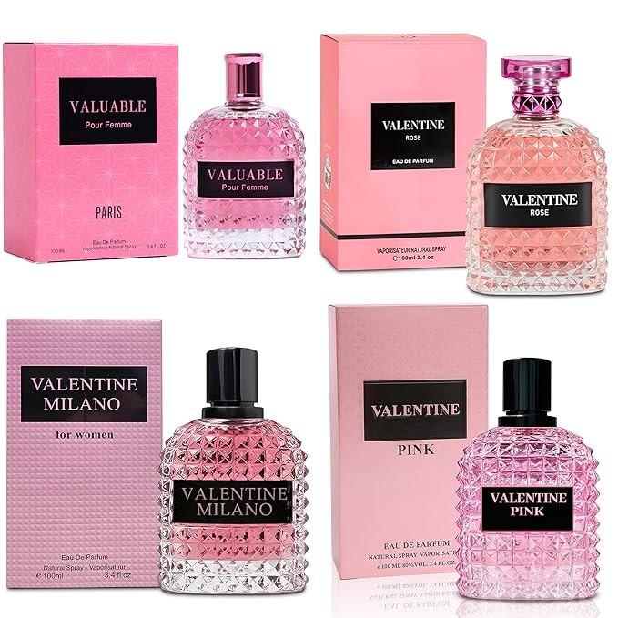 4PCS Perfume Set for Women - Floral Fragrance Gift Set with Vanilla,Sweet Fruity, Eau De Parfume| 3.4 Fl Oz Each Women's Cologne(Valentine Milano/Rose/Pink,Valuable,)