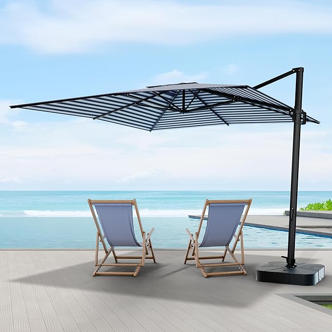 Midtown Umbrellas 9 x 9 Ft Outdoor Cantilever Patio Umbrella w/Terylast Navy Stripes Fabric - Rotate 360° Offset Patio Umbrella, Deck Patio Umbrella, Backyard Umbrella & Garden Umbrella - Black Frame