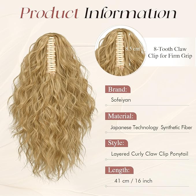 SOFEIYAN Ponytail Extension, 16 inch Claw Clip Ponytail Extension Wavy Curly Ponytails Synthetic Pony Tails Hair Extensions Natural Fake Hairpiece for Women - Blonde&Gold Highlights