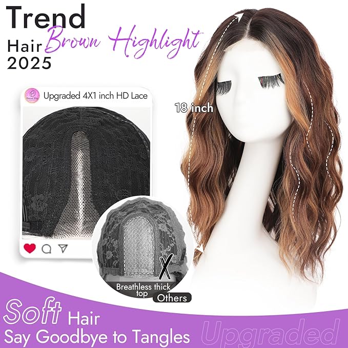 Brown Highlight Short Wavy Wig for Women Lace Hairline Bob Style Synthetic Heat Resistant - Natural Appearance for Everyday Hairstyle 18 Inch