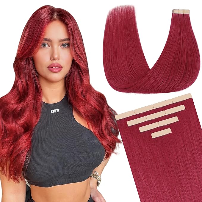 DOORES Tape in Human Hair Extensions, Burgundy Red Tape in Hair Extensions, Tape in Remy Hair Straight Real Human Hair Extensions, 30g 10pcs 20 Inch