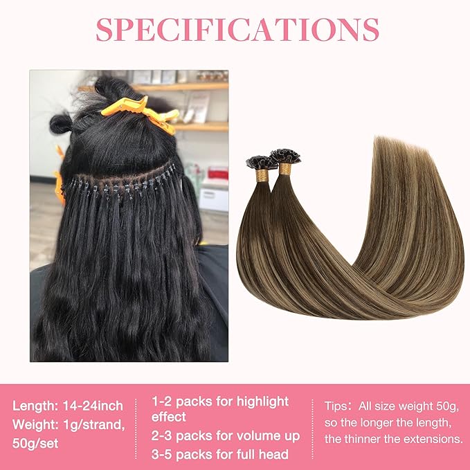 GOO GOO U Tip Hair Extensions Real Human Hair, 18inch 50g 50S, Invisible Remy Hot Fusion U Tip Hair Extensions,4/27/4 Balayage Chocolate Brown to Caramel Blonde