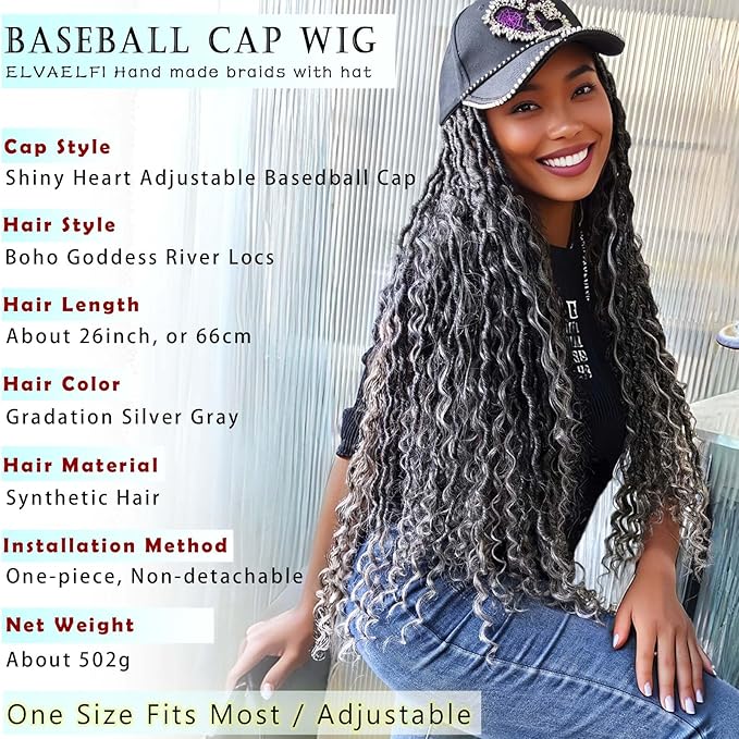 26" Boho Goddess River Locs Crochet Hair Extensions Gradient Grey, Shine Heart Baseball Cap Wigs for Women