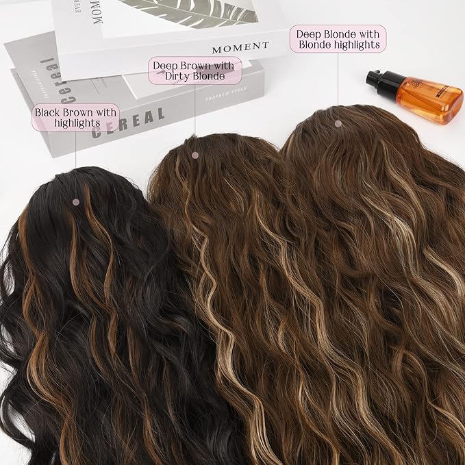 HOOJIH Ponytail Extension, Drawstring Ponytail Hair Extensions 26 Inch Long Curly Wavy Ponytail Natural Wavy Synthetic Hairpiece for Women Daily Use - Deep Blonde with Blonde highlights