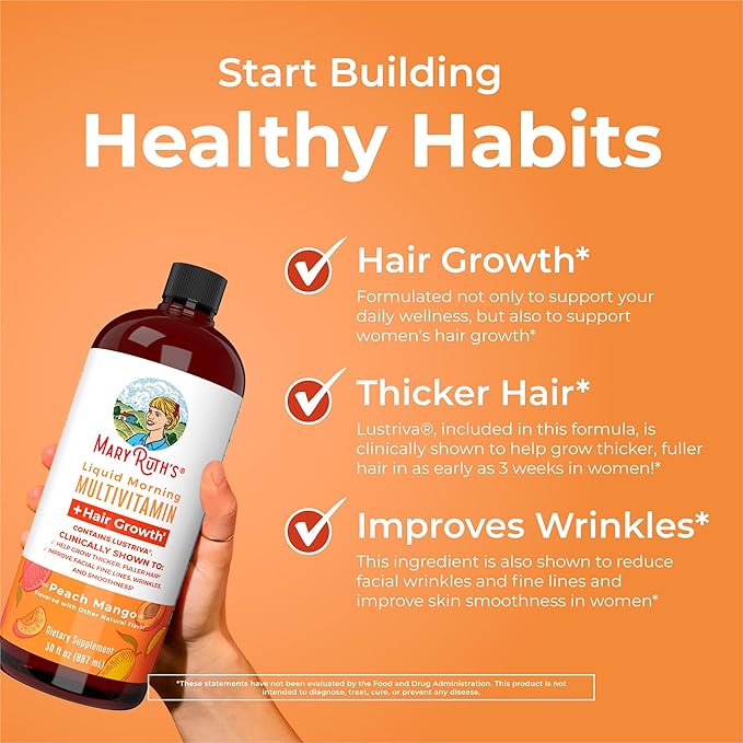 MaryRuth's Liquid Multivitamin+Hair Growth | Clinically Tested for Thicker Hair & Facial Wrinkles in Women | Biotin 10000mcg | Lustriva Hair Growth Supplement | Skin Care | Age 18+ | 30 Fl Oz