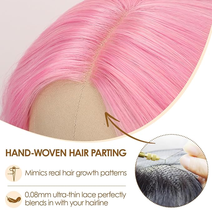 AISI HAIR Pink Wig for Women Medium Length Wave Curly Glueless Synthetic Heat Resistant Hair Wigs for Daily Party Cosplay