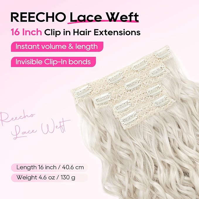 REECHO Curly Hair Extensions, 4PCS 16 inch Clip in Hair Extensions Lace Weft Short Curly Hair Extensions Clip Ins Invisible Natural Hairpieces for Women, Platinum Blonde
