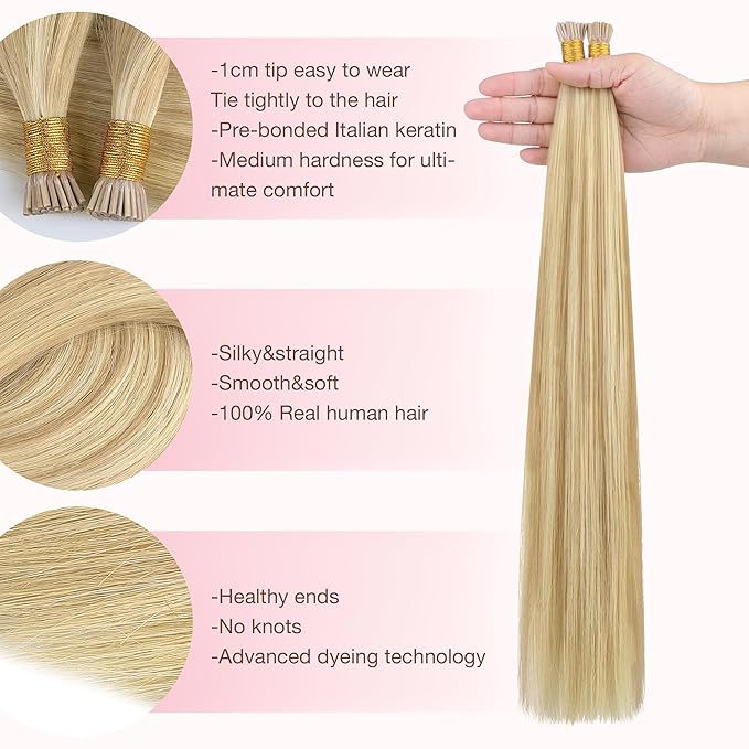 GOO GOO I Tip Hair Extensions, Real Human Hair, 16inch 50g 100S, Cold Fusion, Invisible Remy, 18D/22F Dirty Blonde Highlights