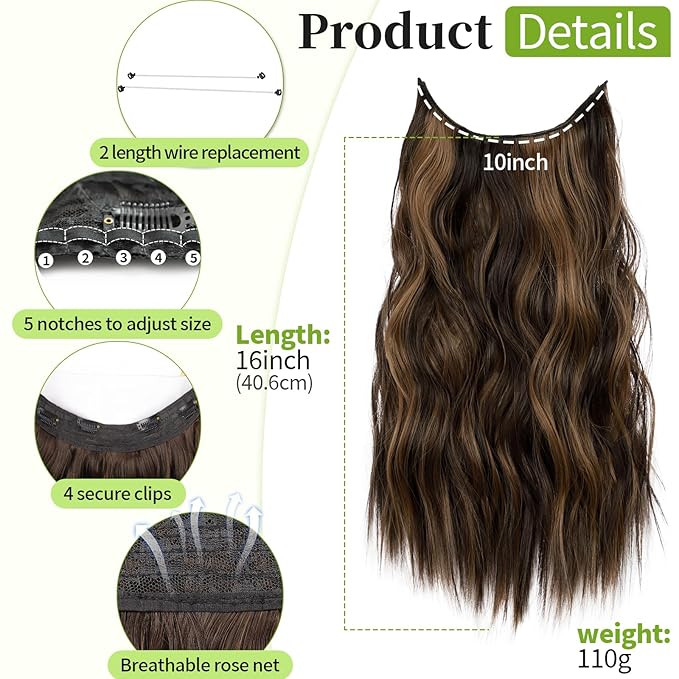 KooKaStyle Invisible Wire Hair Extensions with Transparent Wire Headband Adjustable Size 4 Secure Clips H2/426#Balayage Dark Brown with Chestnut Long Wavy Hairpiece 16 Inch for Women