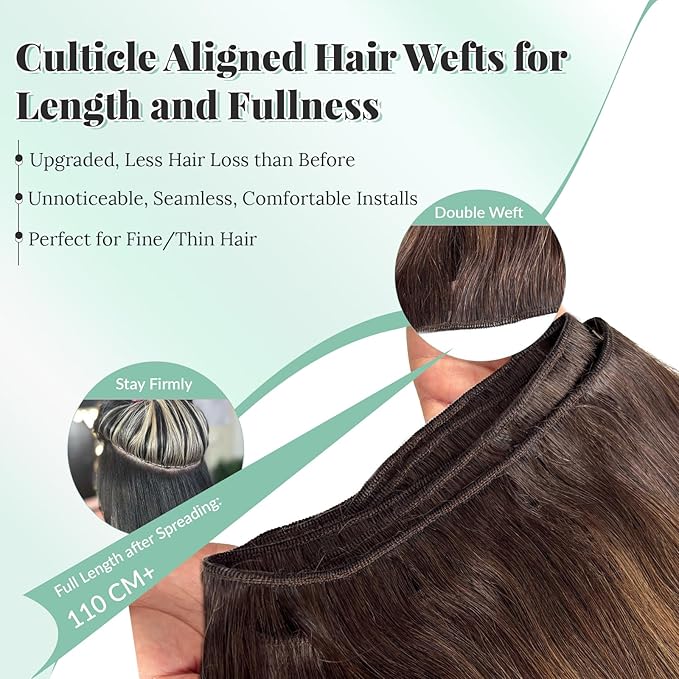 Brown Balayage Weft Hair Extensions Human Hair Sew in Hand Tied Hair Extensions Real Human Hair 22 Inch 120G Long Straight Light Chestnut Highlight Hair Bundles with Brown Roots