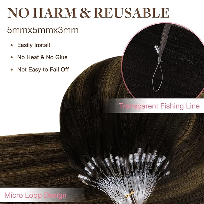 GOO GOO Micro Link Tip Hair Extensions, Real Human Hair, 20inch 50g 50S, Cold Fusion, Invisible Remy, 1B/6/1B Balayage Natural Black to Chestnut Brown