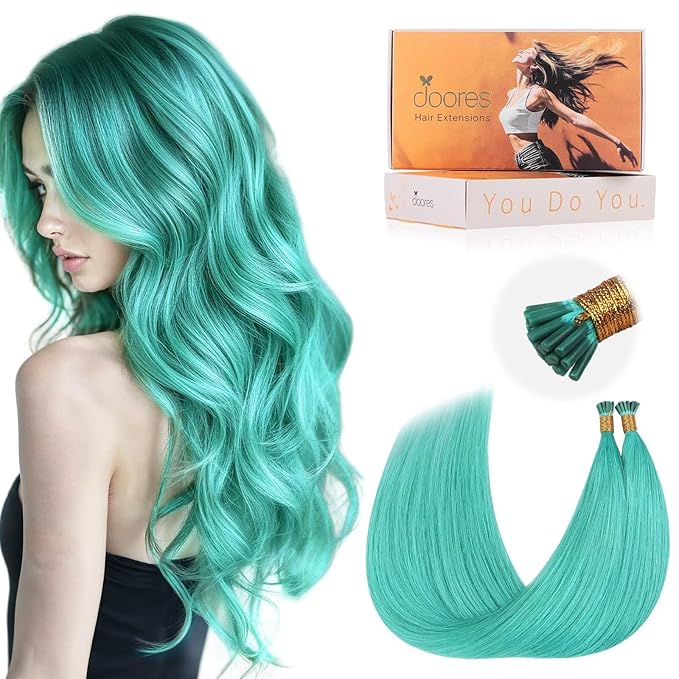 DOORES Itip Hair Extensions, Teal Green 14 Inch 25g, Teal Color Extensions, Remy Hair Extensions