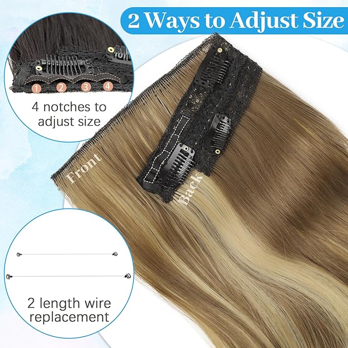 KooKaStyle Invisible Wire Hair Extensions Long Wavy Layered Synthetic with Transparent Wire Adjustable Size 6 Secure Clips Hairpieces for Women 20 Inch (Brown with Golden Blonde Highlight)