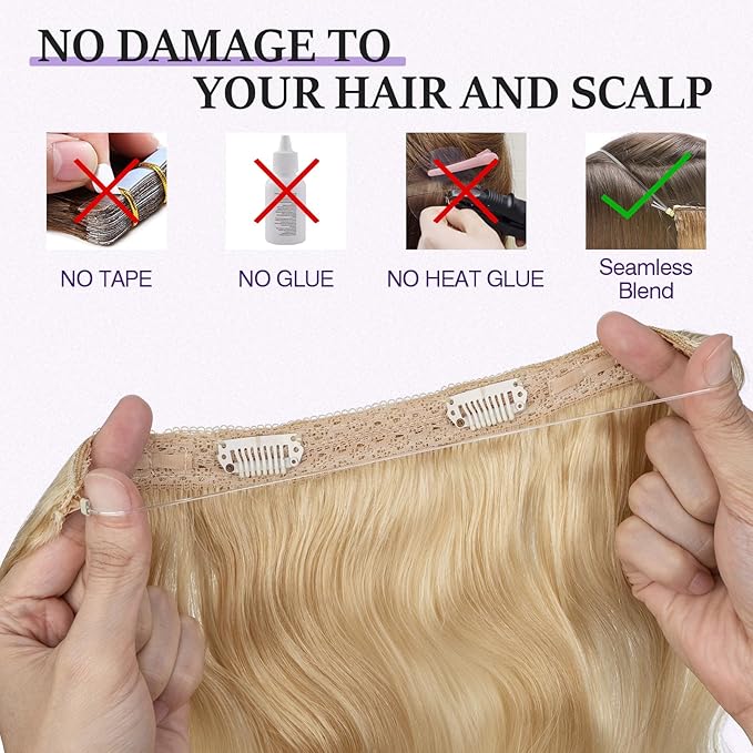 Halo Hair Extensions Real Human Hair,Halo Hair Extension 100% Human Hair,Wire Hair Extensions,Wavy 60 Platinum Blonde 22 inch/75g