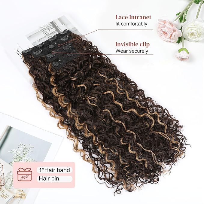LONAI 4PC Clip in Hair Extensions, 100％ Pure Protein Silk Curly Hair Extension for Women, 26 Inch Long Soft Natural Hair Extensions-Brown with Deep Blonde Highlights