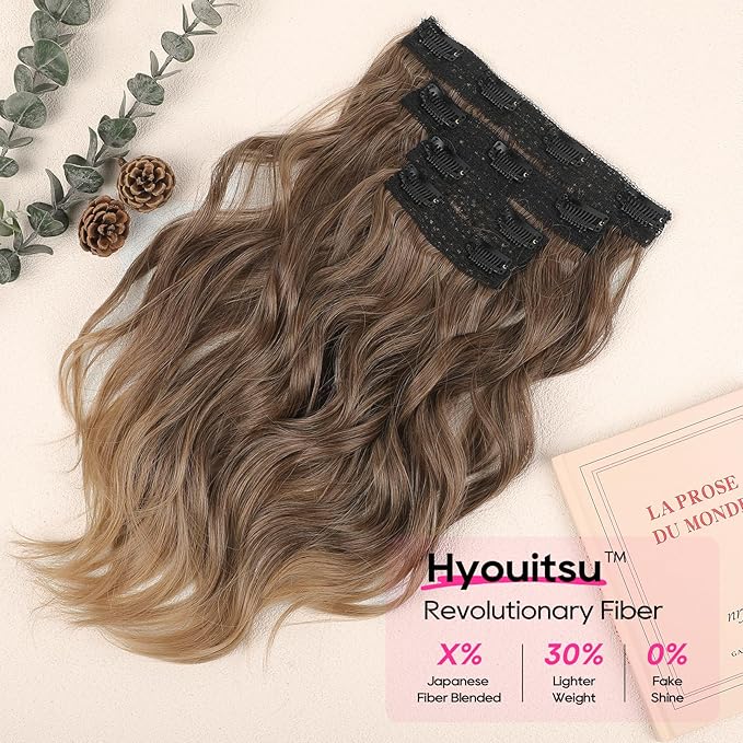REECHO Clip in Hair Extensions - 14" Short Beach Wavy Hairpieces with Invisible Lace Weft - Natural Soft Hair - Light Brown with Golden Ends