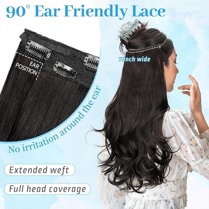 KooKaStyle Invisible Wire Hair Extensions 18"Long Wavy Layered Synthetic Clip in Hair Extensions with Transparent Wire Adjustable Size 6 Secure Clips Dark Brown Thick Hairpieces for Women 18Inch