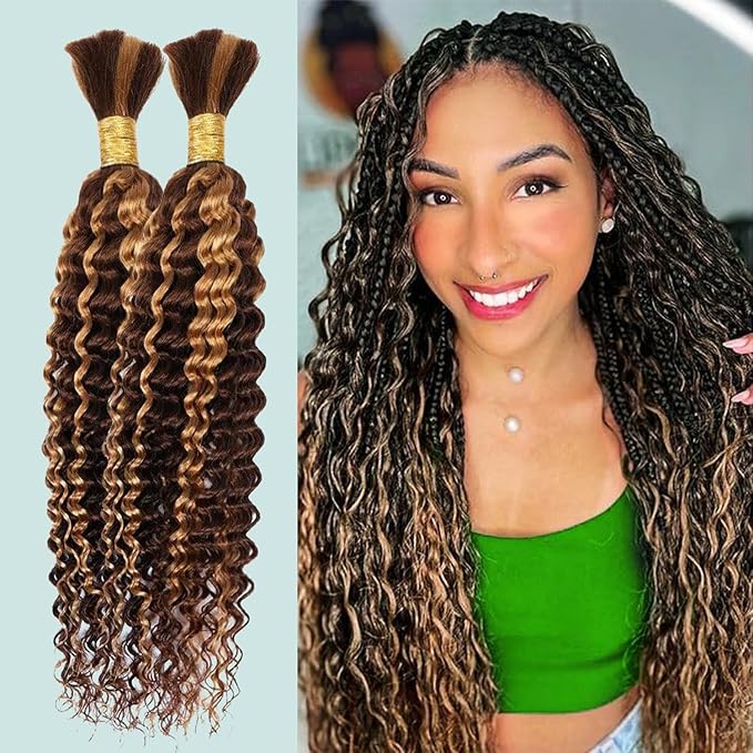 26 Inch Human Braiding Hair 100g Deep Wave Bulk Human Hair for Braiding Brazilian Virgin Human Hair Bundles Wet and Wavy Bundles No Weft Curly Human Hair Extensions for Boho Braids P4/27
