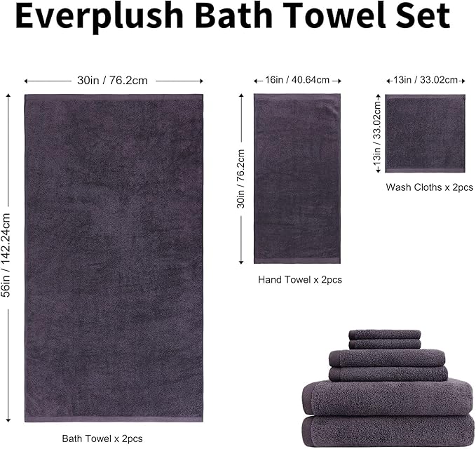 Everplush Classic 6 Pcs Luxury Bath Towels Sets,Highly Absorbent and Quick Dry Extra Large Bath Towel, Super Soft Towel for Bathroom, Pool, Swim (Charcoal, Bath Towels 6PK)