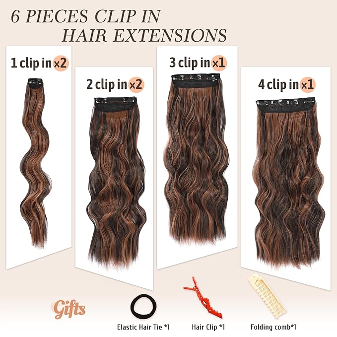 NAYOO Clip in Hair Extensions for Women 20 Inch Long Wavy Curly Auburn Mix Chestnut Hairpieces Full Head Synthetic Hair Hairpieces(6PCS,Auburn Mix Chestnut)