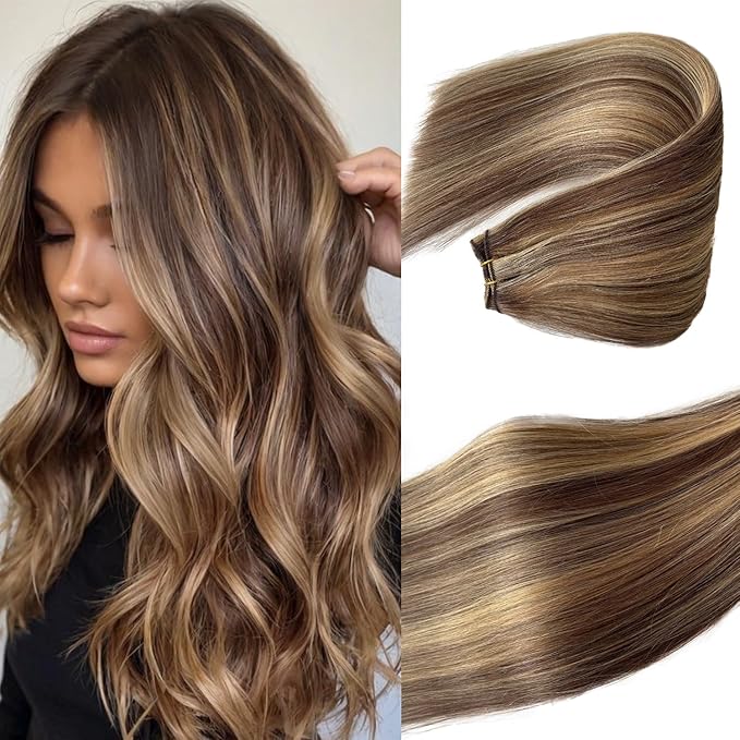 Real Human Hair Extensions Sew in Brown with Blonde Highlights Hand Tied Weft Hair Extensions Human Hair 14 Inch 80G Double Weft Straight Blonde Sew in Weave Bundles with Brown Highlights