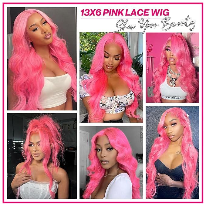 Pink 13x6 Lace Front Wigs Human Hair Body Wave Pink Human Hair Wigs for Women 200% Density Glueless HD Transparent Lace Frontal Wigs Pre Plucked 34 Inch