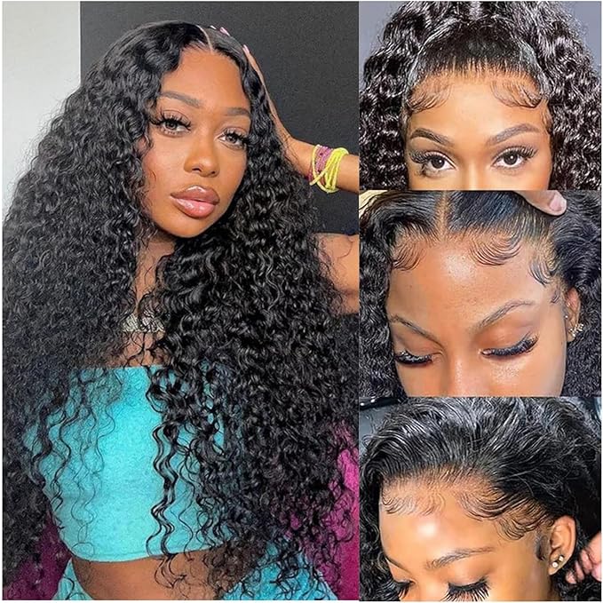 13x6 HD Transparent Lace Front Wigs Human hair Pre Plucked 200% Density Brazilian Water Wave Frontal Wigs Human Hair with Baby Hair Natural Hairline Natural Black Color 28 Inch