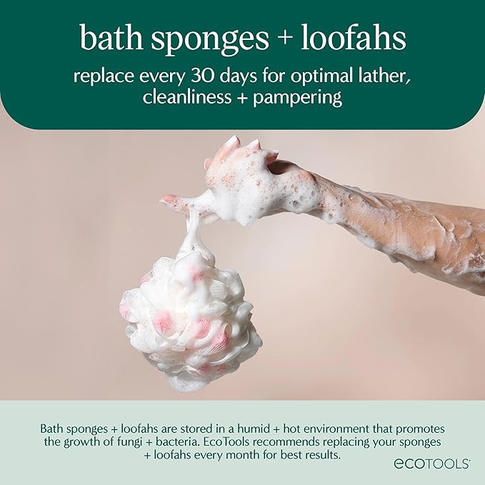EcoTools Delicate EcoPouf 4 Pack, Loofah Sponge for Bath & Shower, Recycled Netting, Gentle Exfoliation, Pouf for Body Wash, Eco-Friendly Bath Accessory, Cruelty-Free, Color May Vary, (60g Each)