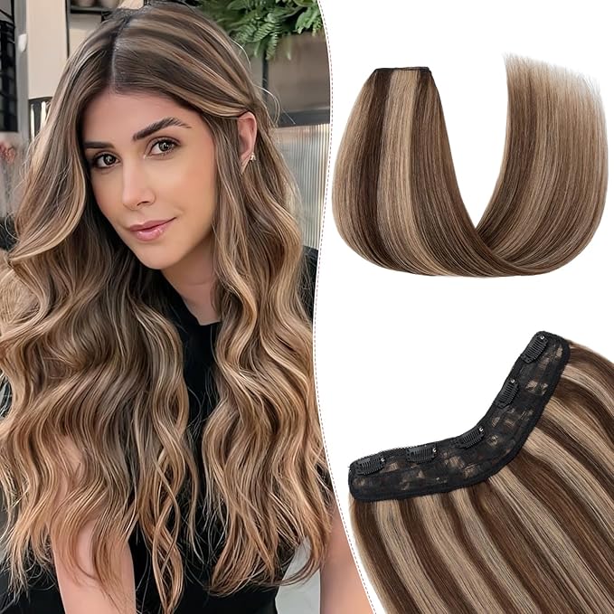 One Pieces Clip in Hair Extensions Human Hair Upgraded V-Shaped 5 Clips in Hair Extensions Human Hair Long Hairpiece For Women,12 Inch,#4P27 Medium Brown mixed Dark Blonde,55g
