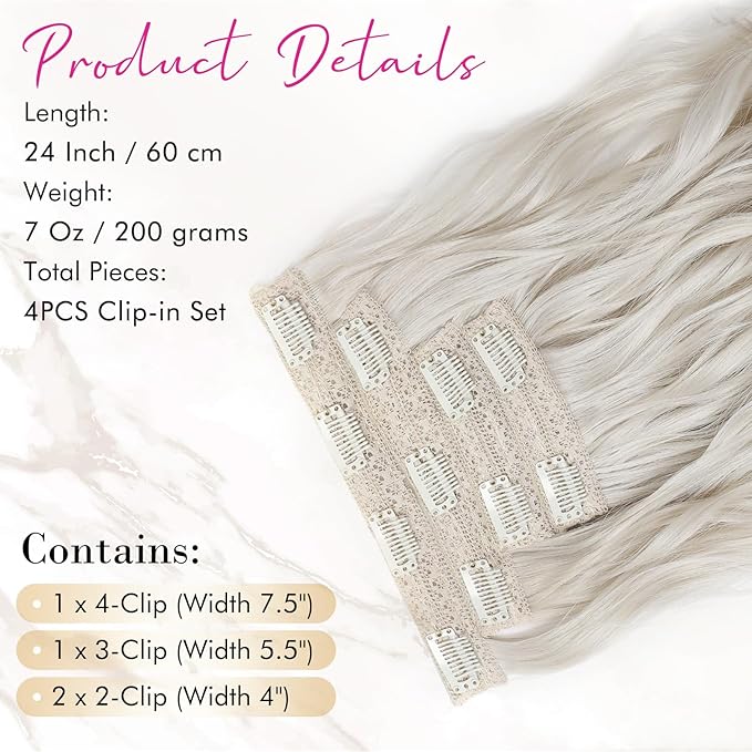 REECHO Clip in Hair Extensions, 4PCS Blonde Hair Extensions 24" Thick Long Beach Waves hair extensions HE003 Invisible Lace Weft Natural Soft Hairpieces for Women – Platinum Blonde