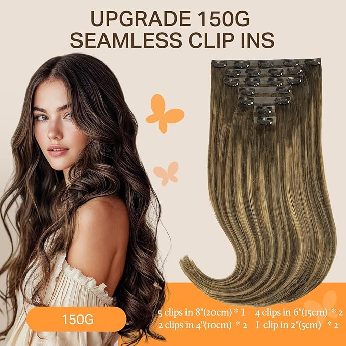 DOORES Seamless Clip in Hair Extensions, Chocolate Brown to Caramel Blonde 130g 7pcs 16 Inch Virgin Straight Human Hair Clip Extensions for Women