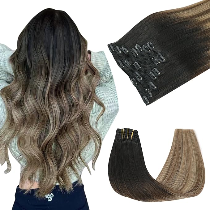 Clip in Hair Extensions Real Human Hair, 20 Inch 160g,Natural Black Roots Chocolate Brown With Caramel Blonde, Clip On Hair Extensions 7pcs Per Set with 19 Clips(#1B/4/27,20")