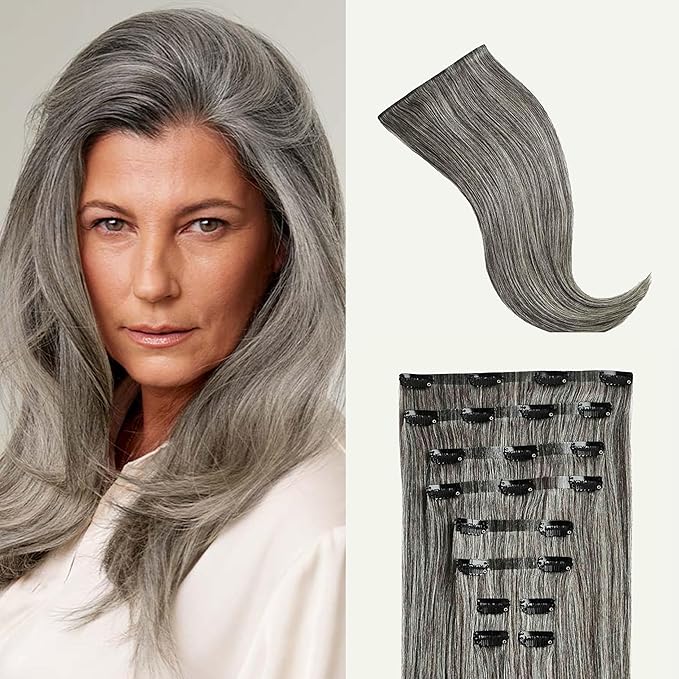 Luxy 100% Remy Human Hair - Seamless Clip-In Hair Extensions - Multi-Dimensional Color for Natural Blending, Adds Volume & Length 50 grams 16" Light Gray Seamless