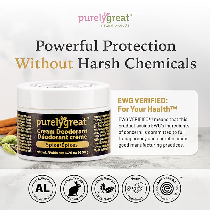 Purelygreat - Spice Scent Cream Deodorant, Chemical-Free Hygiene Essentials for Women, Natural Deodorant for Men with Soda & Corn Starch, No Sticky Residue, Parabens & BPA, 1.76 oz / 50 g