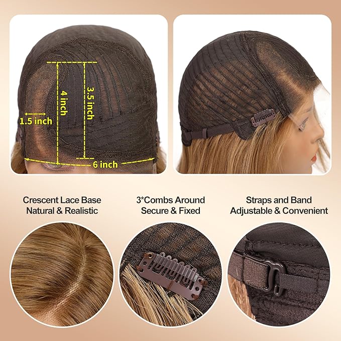 KKU 18 Inch Brown and Gold Ombre Human Hair Wigs for Women,Layered Straight Hair Wig with Bangs,Wear Natural Realism
