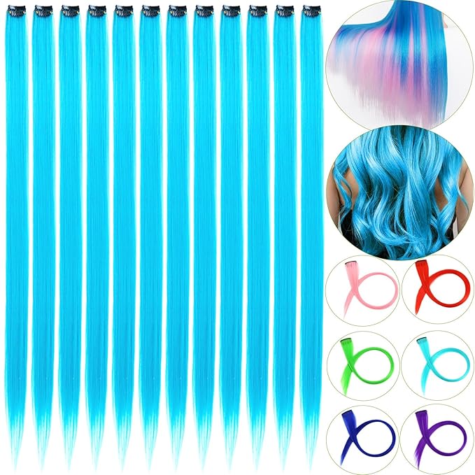 12 PCS Blue Hair Extensions Clip in, 22" Colored Highlights, Synthetic Straight Hair Piece DIY Accessories for Daily Party (LightBlue)