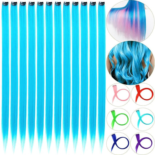 12 PCS Blue Hair Extensions Clip in, 22" Colored Highlights, Synthetic Straight Hair Piece DIY Accessories for Daily Party (LightBlue)