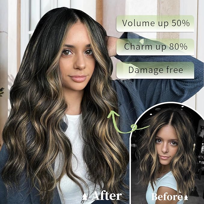KooKaStyle Invisible Wire Hair Extensions with Transparent Headband Adjustable Size 4 Secure Clips Long Wavy Secret Wire Hairpiece 20 Inch for Women(Black with Blonde Highlights)